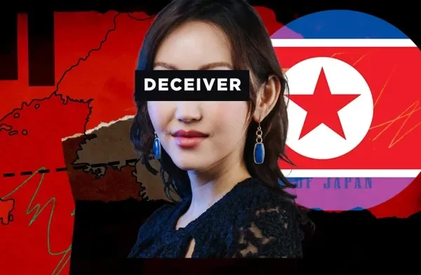 A graphic showing Yeonmi Park, defector from the DPRK, with the word "DECEIVER" written across her eyes with the flag of the DPRK beside her.